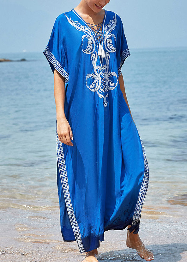 Handmade Blue V Neck Embroideried Side Open Maxi Beachdress Summer