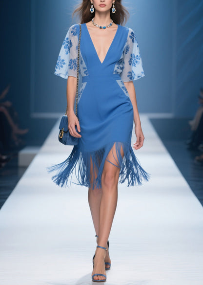 Handmade Blue V Neck Print Tassel Patchwork Cotton Dresses Summer