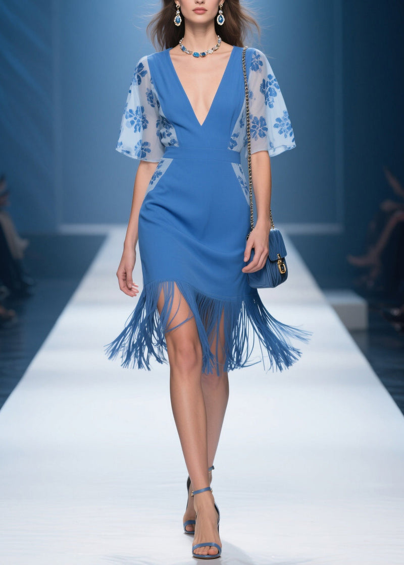Handmade Blue V Neck Print Tassel Patchwork Cotton Dresses Summer