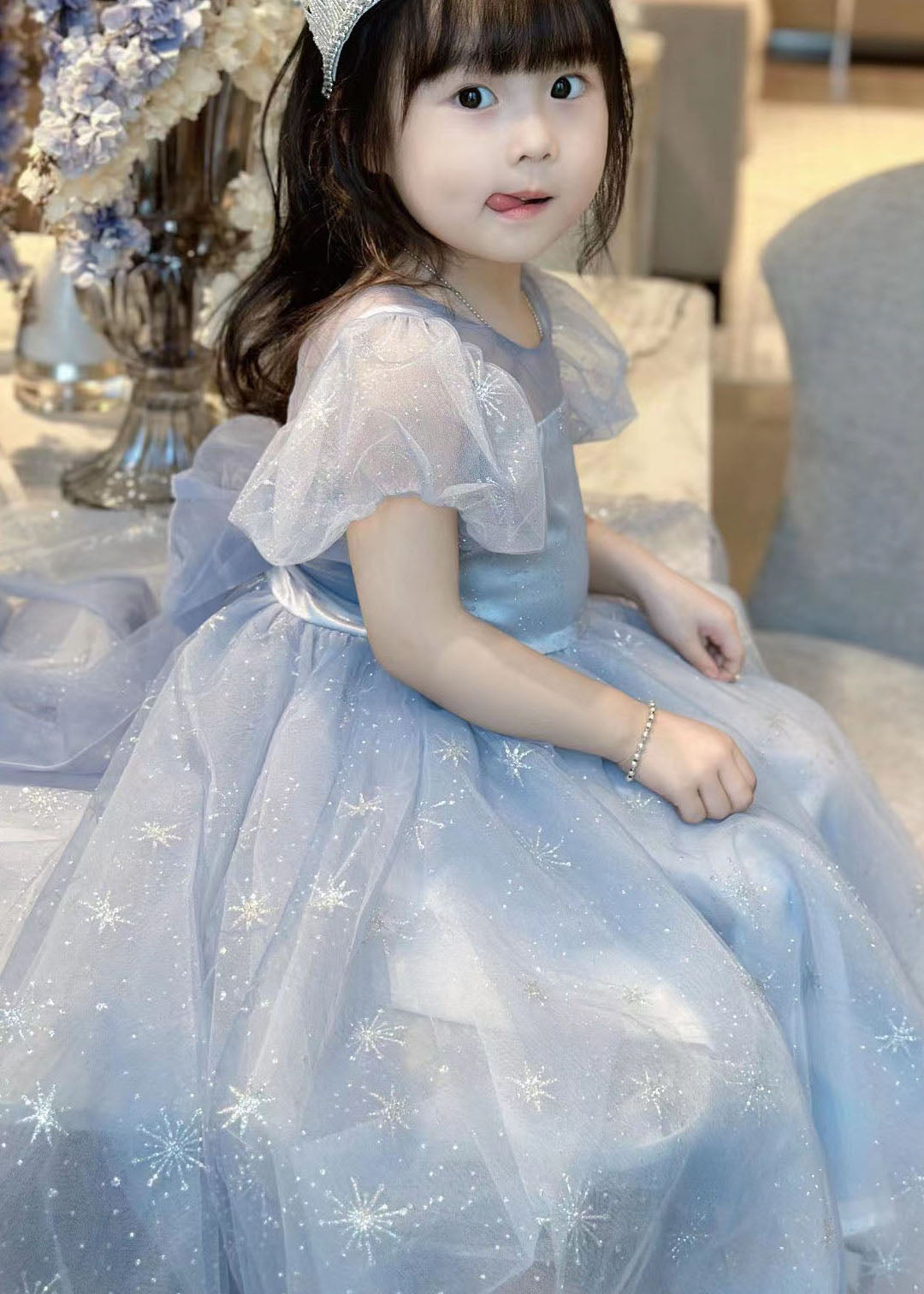 Handmade Blue Wrinkled Bow Embroideried Tulle Baby Dresses Summer