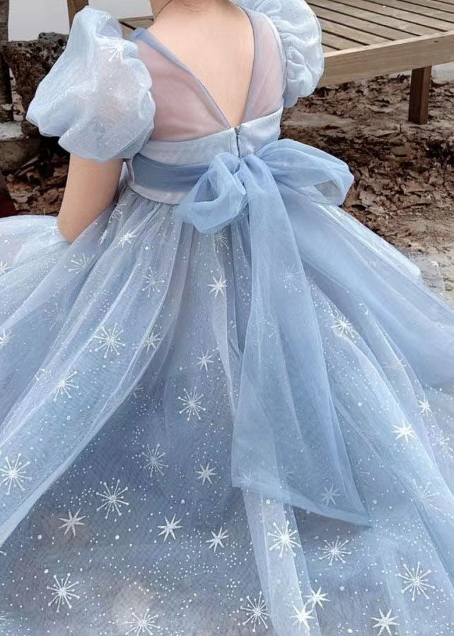 Handmade Blue Wrinkled Bow Embroideried Tulle Baby Dresses Summer