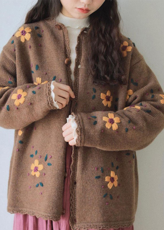 Handmade Coffee Embroidered Lace Patchwork Cotton Knit Coats Long Sleeve