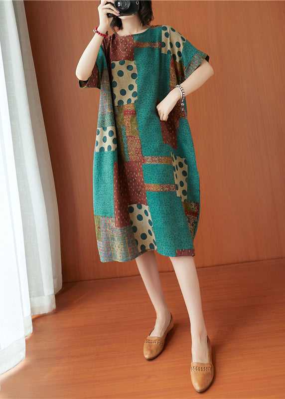 Handmade Colorblock O-neck Print Cotton Dresses Short Sleeve