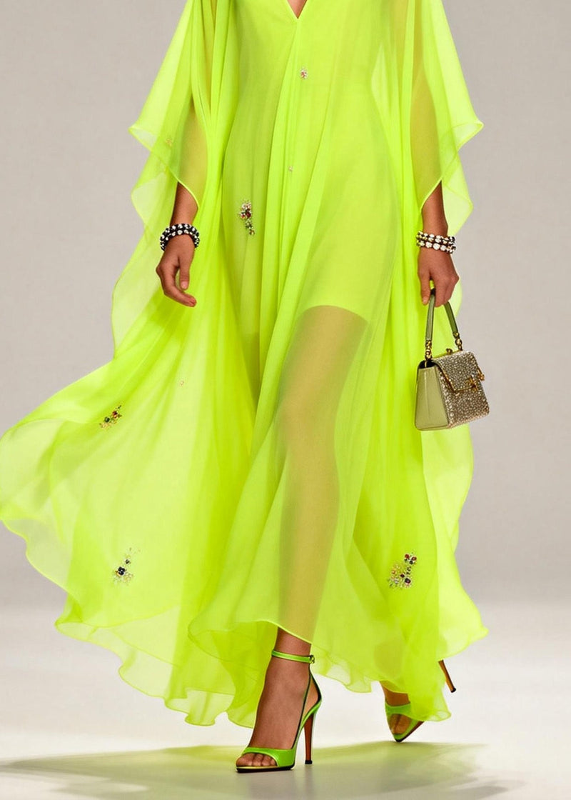 Handmade Fluorescent Green V Neck Zircon Chiffon Dresses Summer