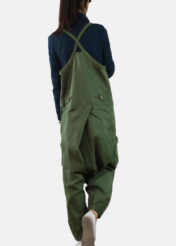 Handmade Green Pockets Button Fall Cotton Romper Outfit