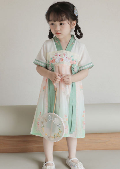 Handmade Green Embroideried Patchwork Chiffon Baby Dresses Summer