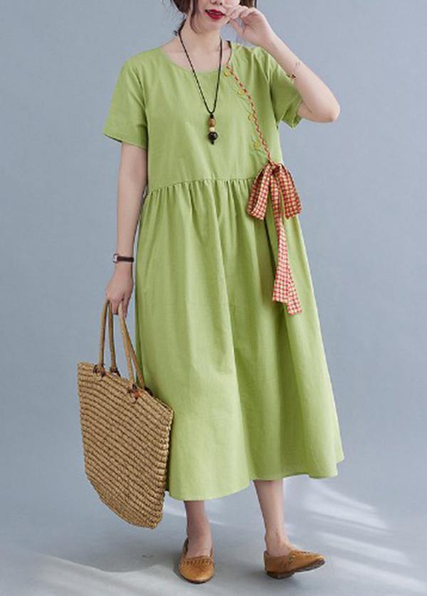 Handmade Green Loose Cotton Linen Summer Party Dress