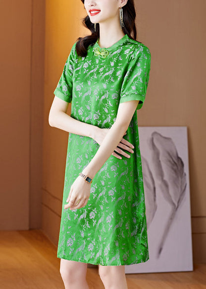 Handmade Green O-neck Print Button Silk Mid Dress Short Sleeve