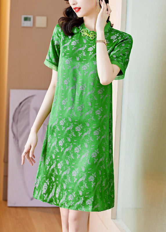Handmade Green O-neck Print Button Silk Mid Dress Short Sleeve