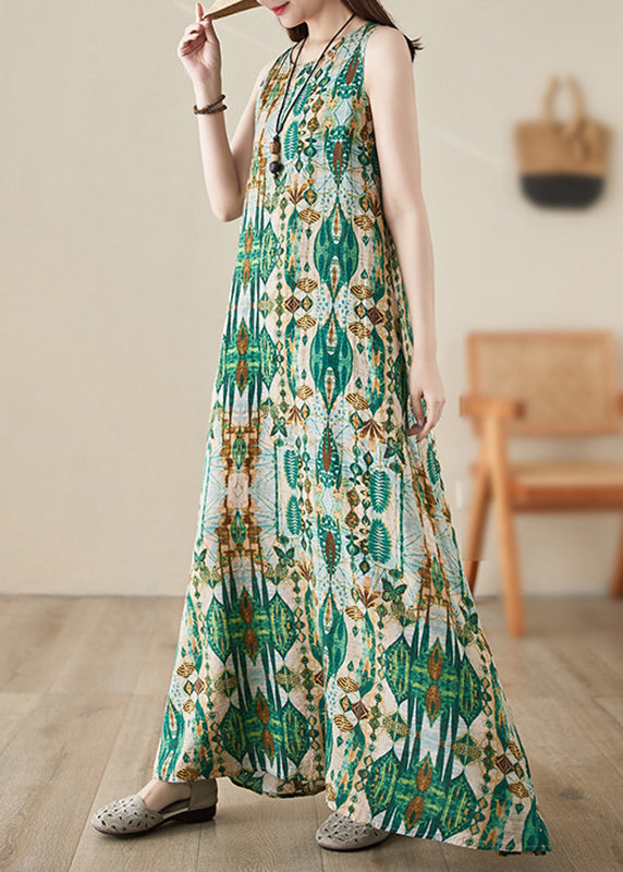 Handmade Green O-neck Print Maxi Dresses Summer