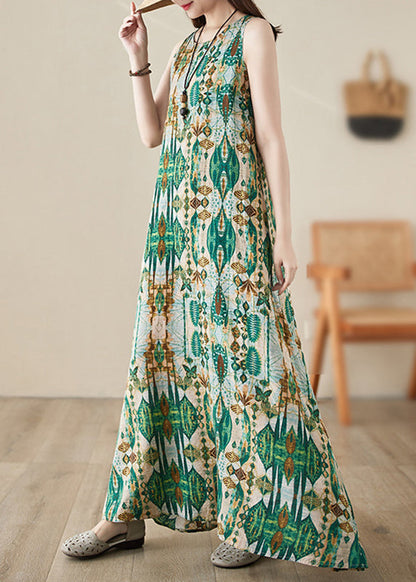 Handmade Green O-neck Print Maxi Dresses Summer