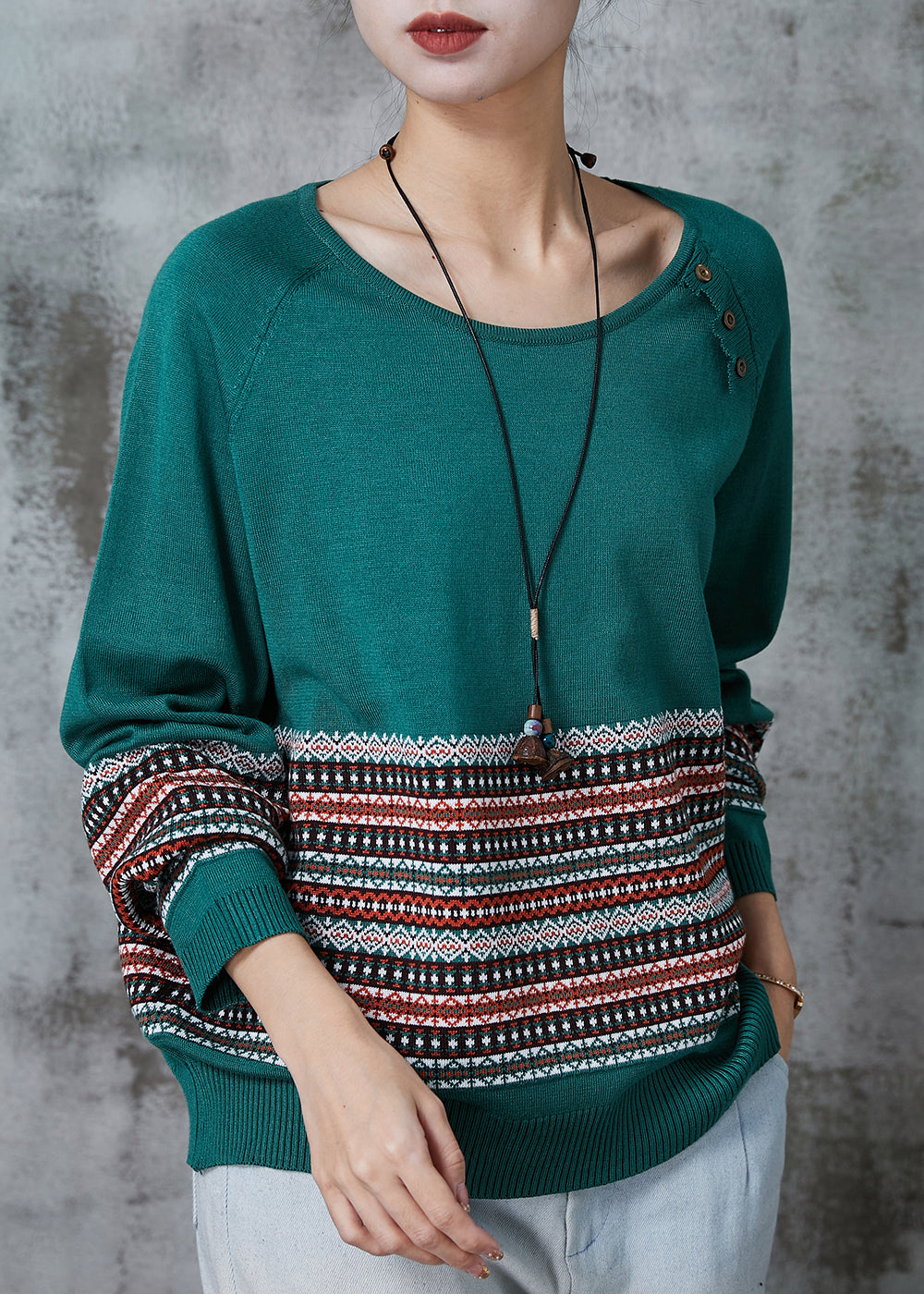 Handmade Green O-neck Striped Knit Sweaters Spring