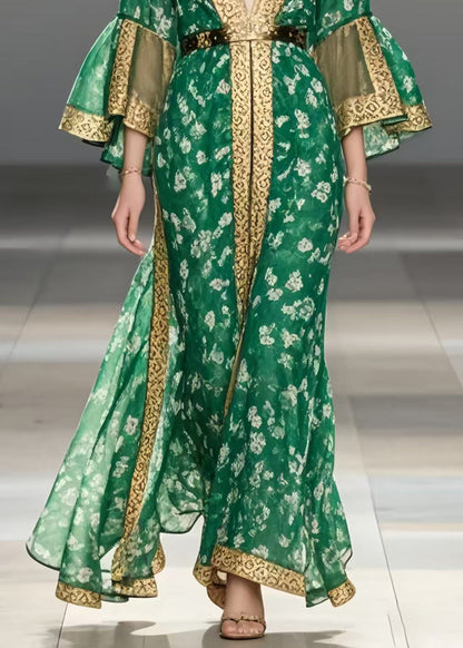 Handmade Green Print Chiffon Ankle Dress Flare Sleeve
