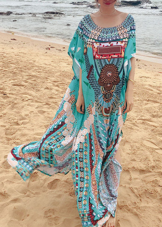 Handmade Green Print O-neck Side Open Robe Summer Cotton Dress