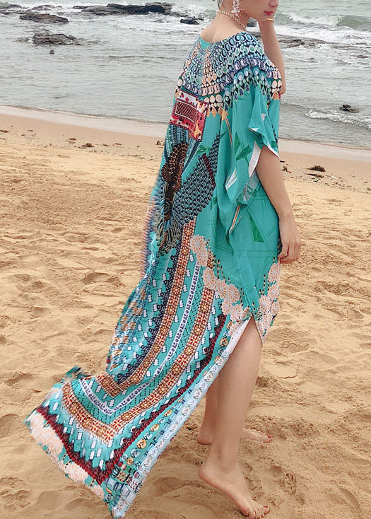 Handmade Green Print O-neck Side Open Robe Summer Cotton Dress