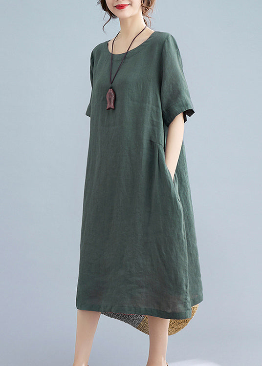 Handmade Green Wrinkled Linen Vacation Dresses Short Sleeve