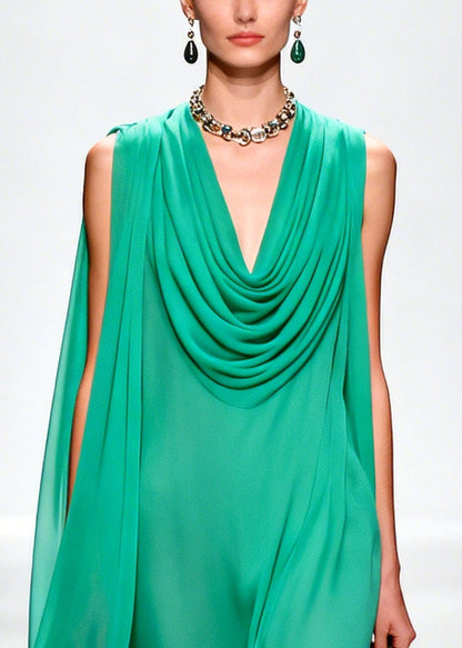 Handmade Green Turtle Neck Patchwork Flower Chiffon Dress Summer