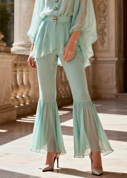 Handmade Green V Neck Chiffon Top and Flared Trousers Two Pieces Set Spring