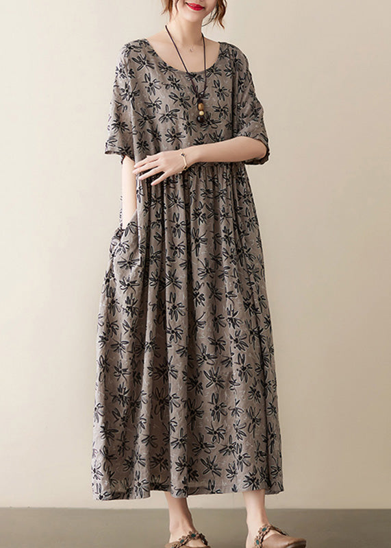 Handmade Grey O-neck Print Cotton Maxi Dress Short Sleeve
