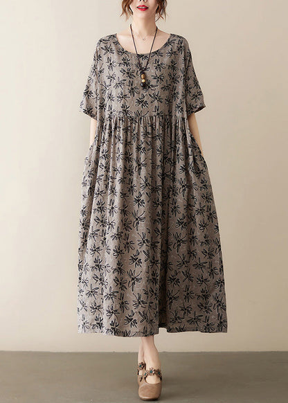 Handmade Grey O-neck Print Cotton Maxi Dress Short Sleeve