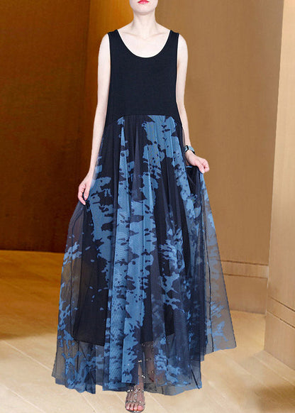 Handmade Grey O-neck Print Patchwork Tulle Maxi Dresses Summer