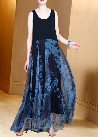 Handmade Grey O-neck Print Patchwork Tulle Maxi Dresses Summer