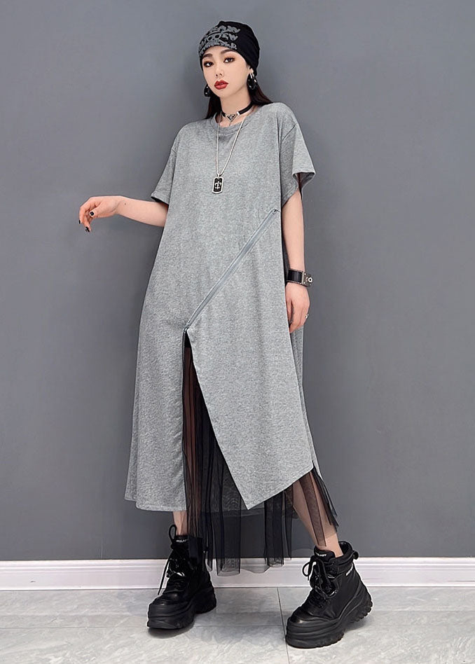 Handmade Grey O-neck Tulle Patchwork Cotton Dresses Short Sleeve
