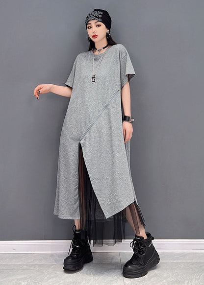Handmade Grey O-neck Tulle Patchwork Cotton Dresses Short Sleeve