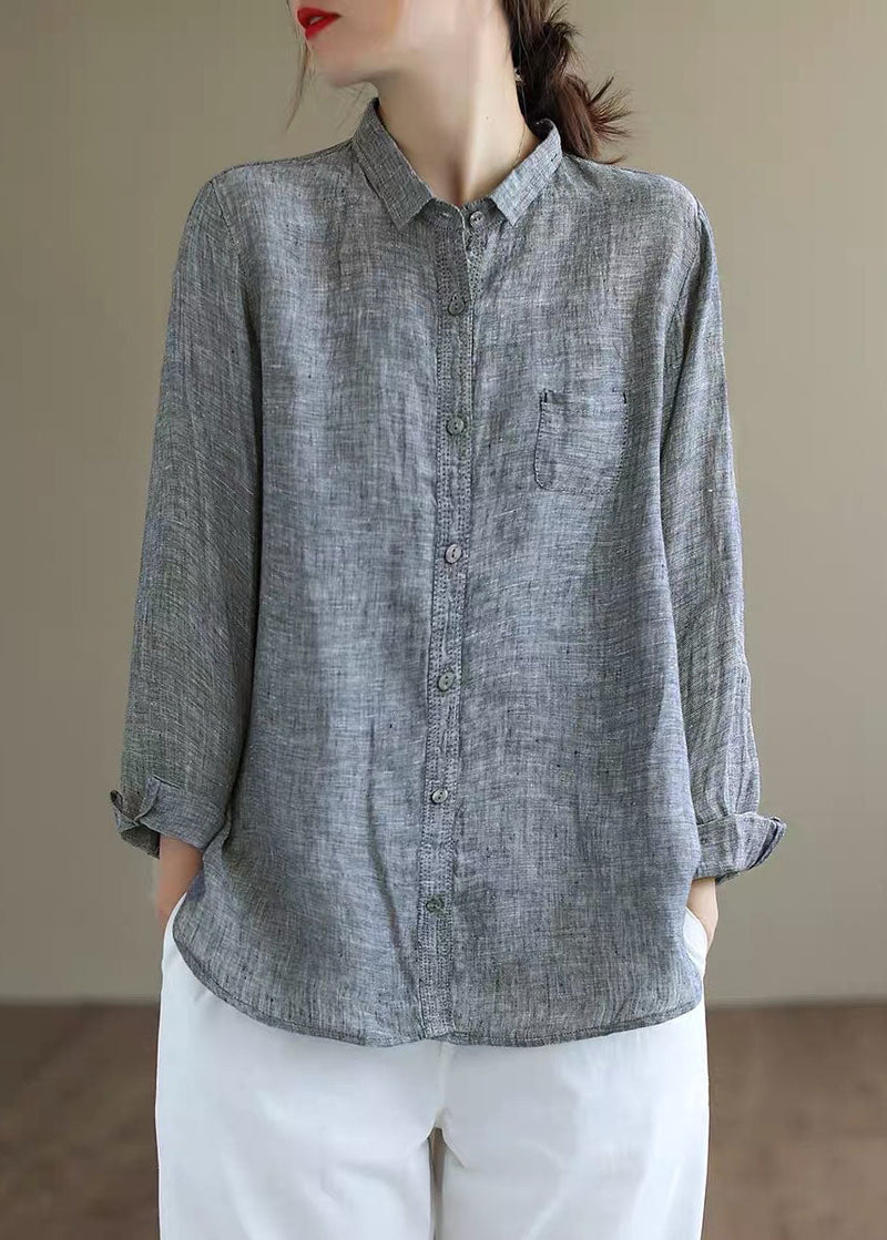 Handmade Grey Peterpan Collar Button Fall Blouses Long Sleeve