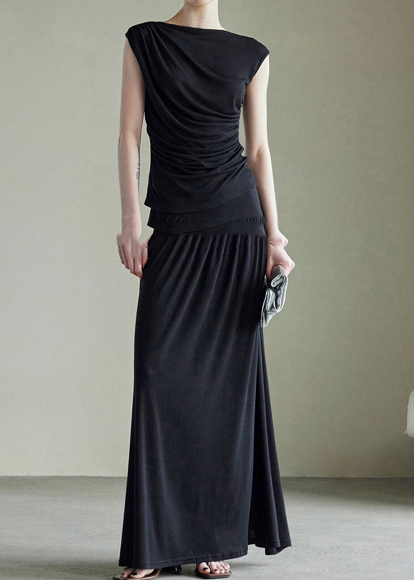 Handmade Grey Slash Neck Vest and Maxi Skirts Cotton Two Piece Set Sleeveless