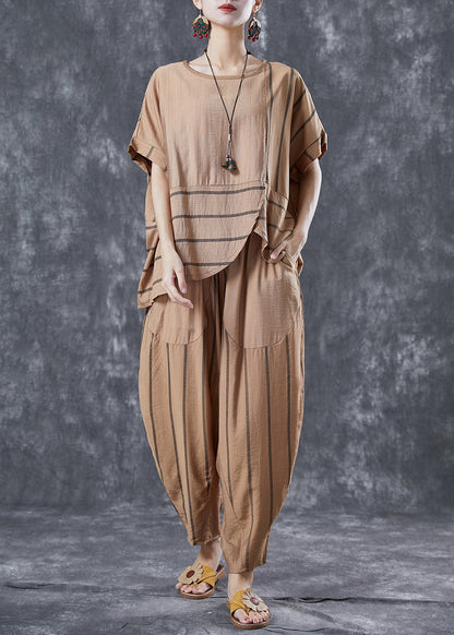 Handmade Khaki Asymmetrical Striped Linen Two Piece Set Clothing Summer