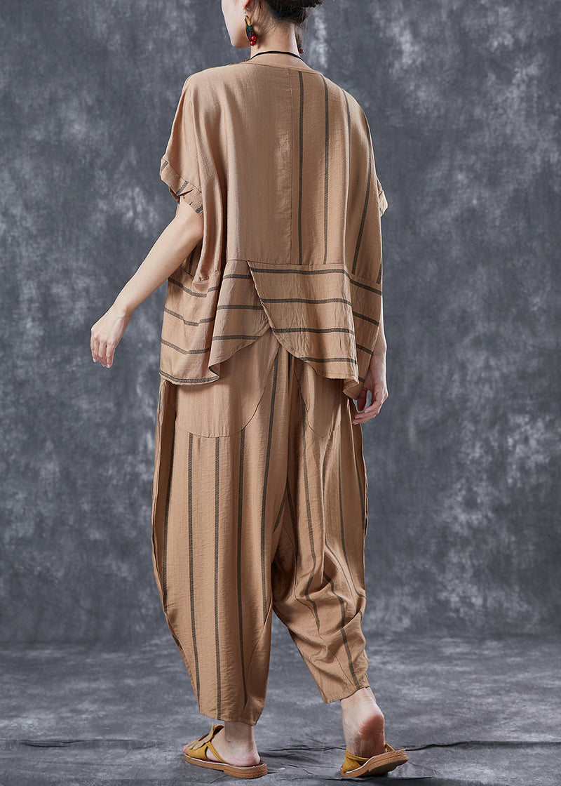 Handmade Khaki Asymmetrical Striped Linen Two Piece Set Clothing Summer