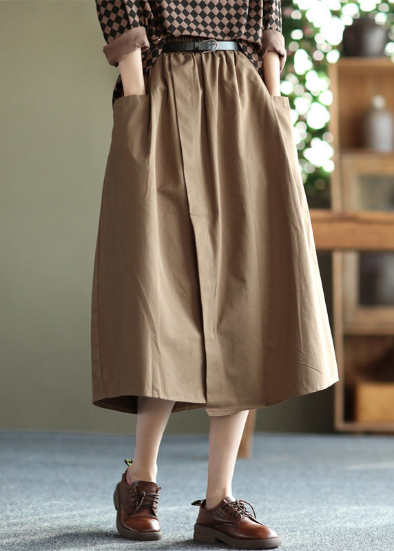 Handmade Khaki Oversized Patchwork Pockets Cotton a Line Skirt Summer