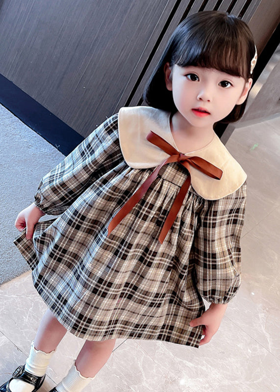 Handmade Khaki Plaid Bow Detachable Mid Dresses Long Sleeve
