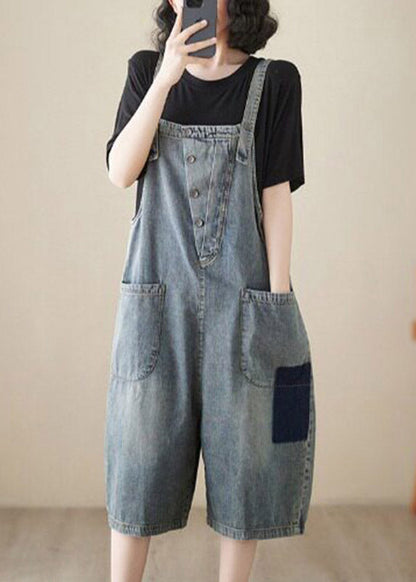 Handmade Light Blue High Waist Denim Jumpsuit Sleeveless
