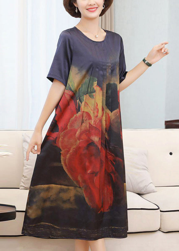 Handmade Navy O-neck Print Silk Long Dress Summer