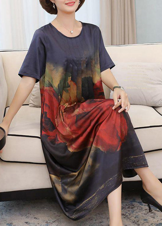 Handmade Navy O-neck Print Silk Long Dress Summer