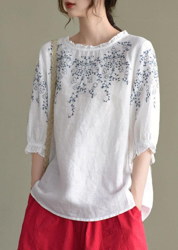 Handmade Navy Lantern Sleeve O-neck Embroideried Summer Ramie Blouses
