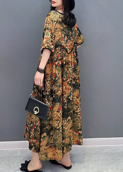 Handmade O-neck Print Patchwork Long Dresses Short Sleeve