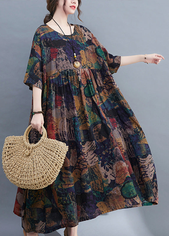 Handmade O-neck Print Patchwork Maxi Dresses Bracelet Sleeve