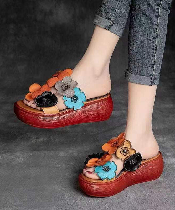 Handmade Orange Platform Cowhide Leather Slide Sandals