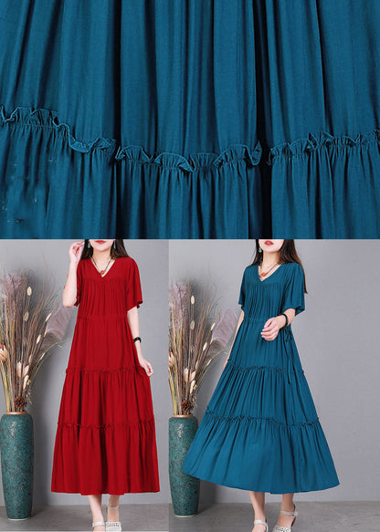 Handmade Peacock Blue V Neck Color Cotton Maxi Dresses Short Sleeve