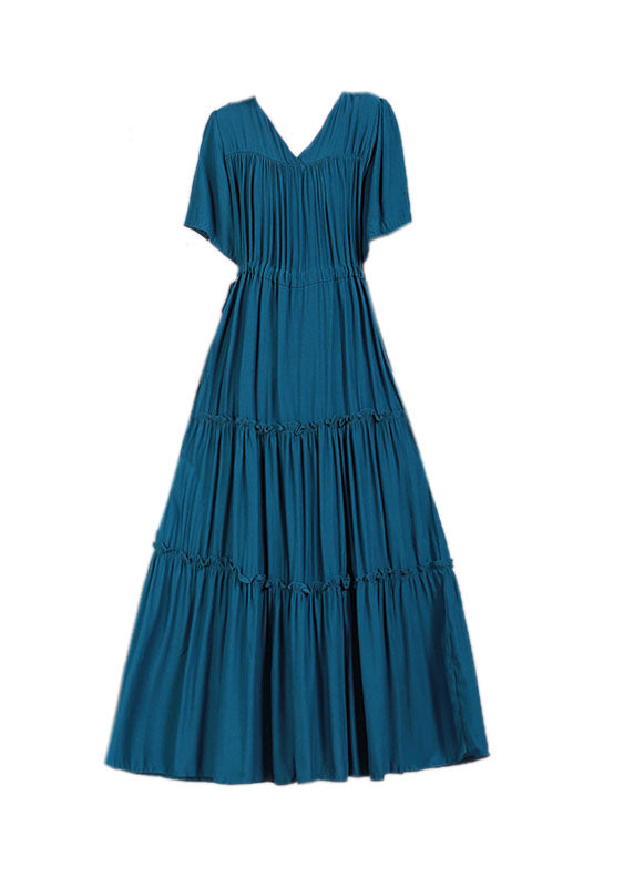 Handmade Peacock Blue V Neck Color Cotton Maxi Dresses Short Sleeve