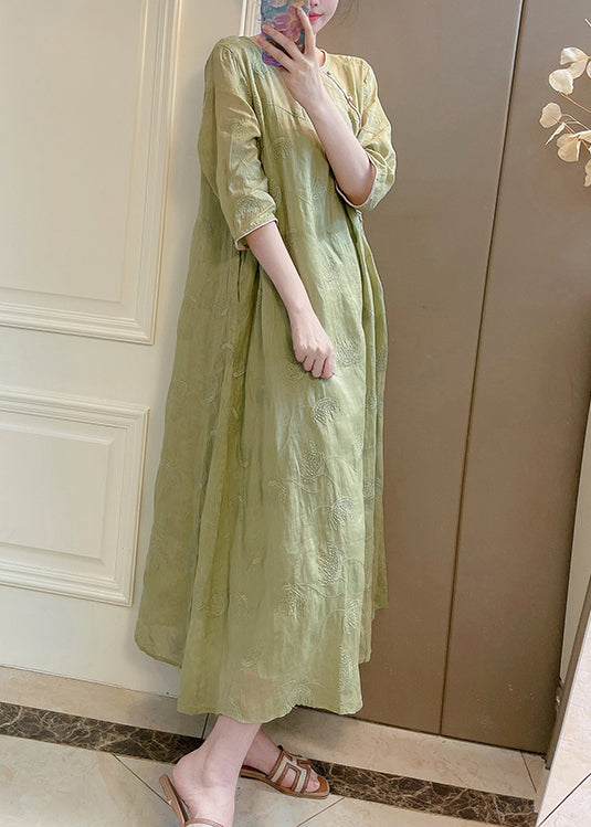 Handmade Pink O-neck Embroidered Linen Long Dresses Summer
