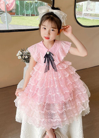 Handmade Pink Ruffled Layered Patchwork Lace Kids Dress Summer