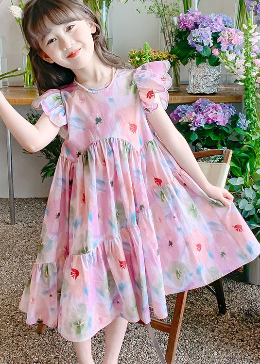 Handmade Pink Ruffled Print Patchwork Cotton Kids Dresses Summer