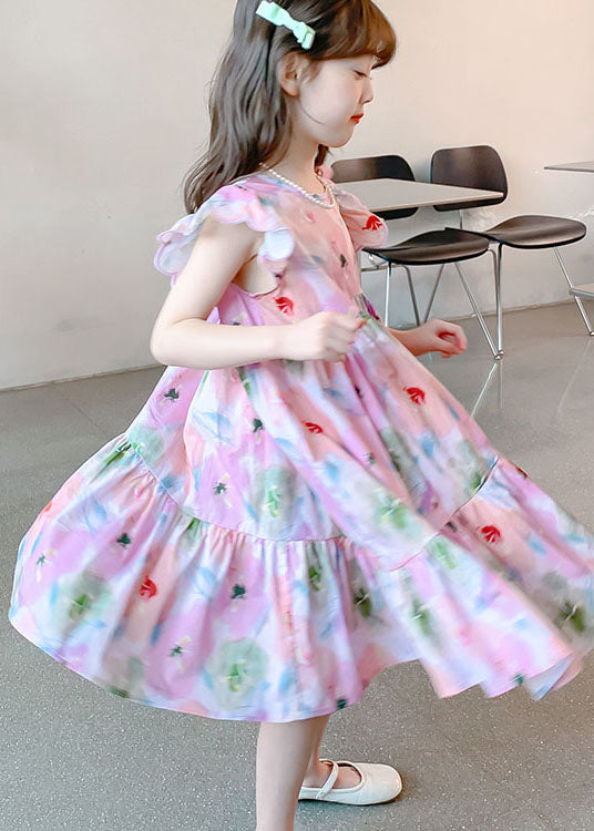 Handmade Pink Ruffled Print Patchwork Cotton Kids Dresses Summer