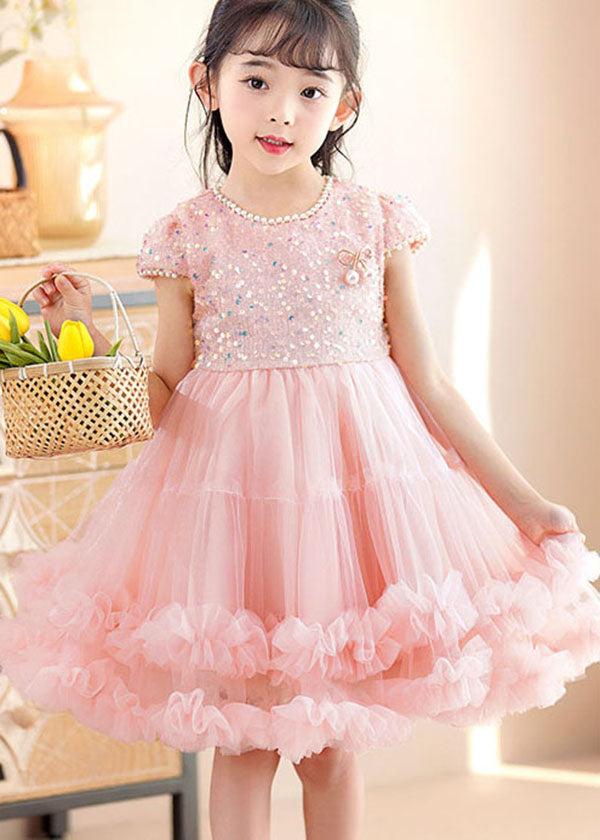 Handmade Pink Ruffled Sequins Nail Bead Patchwork Tulle Kids Dress Summer