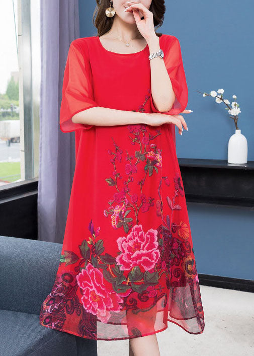 Handmade Red O Neck Patchwork Chiffon Dress Summer