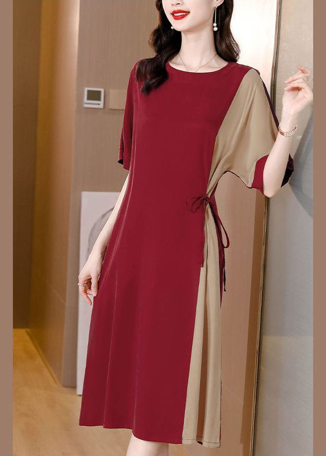 Handmade Red O-neck Patchwork Chiffon Cinch Dresses Short Sleeve